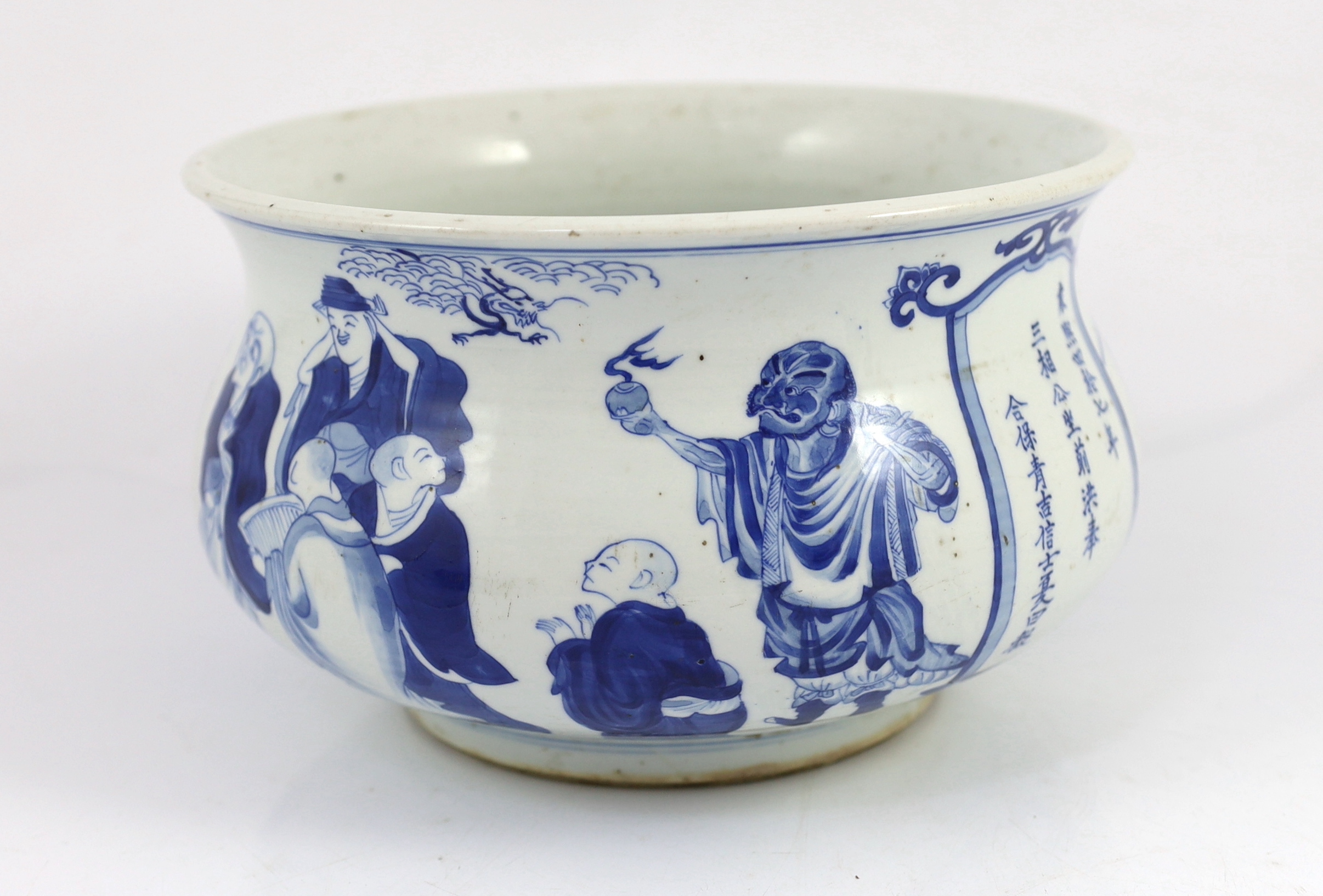 A rare Chinese blue and white ‘eighteen luohan’ censer, Kangxi period, inscribed dedication and cyclical date for 1709